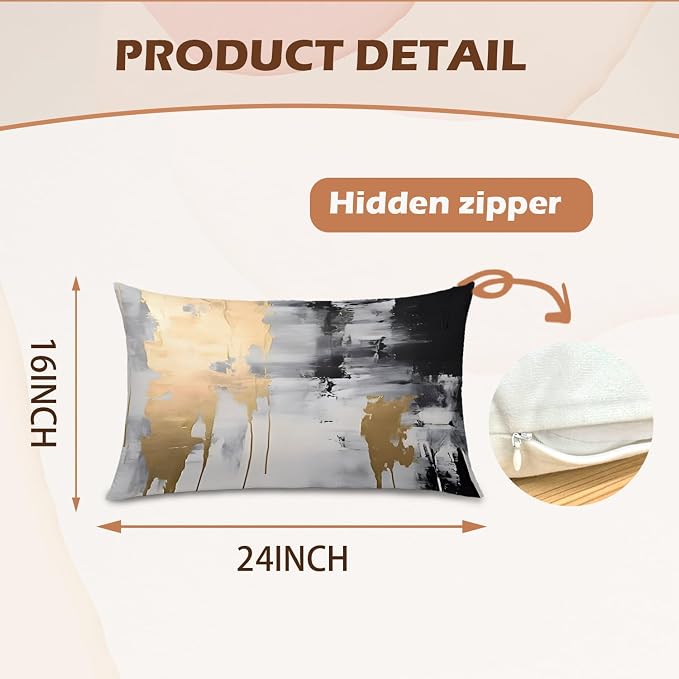 Abstract White and Gold Pillow Covers, 16x24 Set of 2, Modern Black and White for Couch, Bed, Living Room