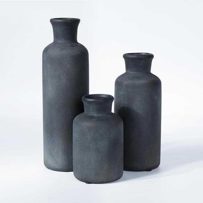Black Ceramic Vase Set of 3, Vintage Brushed Gold Effect for Home Decor | Matte rustic flower vases for living rooms, dining tables, mantels and centerpieces