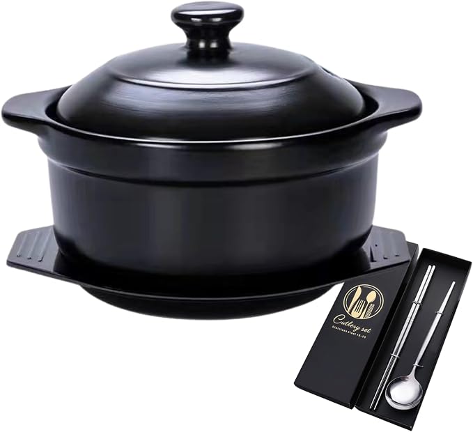 Korean Stone Pot, Ceramic Sizzling Hot Pot for Bibimbap Korean Stone Bowl with Lid and Trivet 40 oz Clay Pot for Cooking, Korean Cooking Pot, 1200ml, Black, for 1-2 people