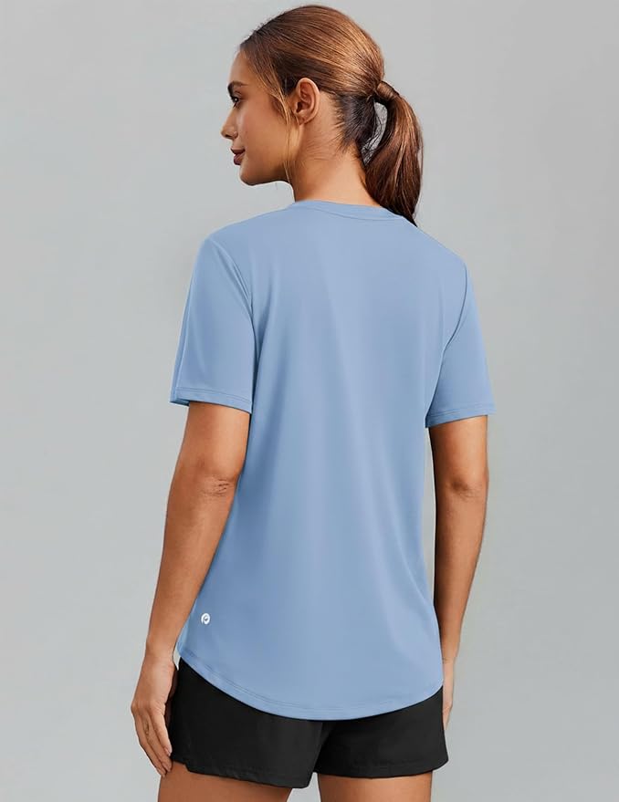 PINSPARK Soft Workout Tops for Women Short Sleeve V Neck Moisture Wicking UPF 50+ Sun Protection Quick Dry Gym Shirts