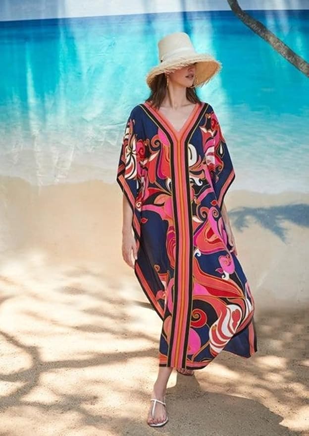 Venasha Womens Caftan Floral Print Kaftan Dress Short Sleeve Swimsuit Cover up Loungewear for Summer