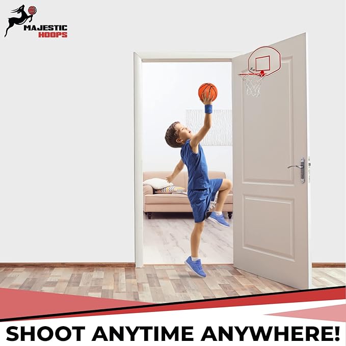 Majestic Hoops Mini Basketball Hoop - Indoor Basketball Hoop - Durable Plastic Basketball Hoop for Kids and Adults - No Assembling - Premium Basketball Game with Ball and Pump