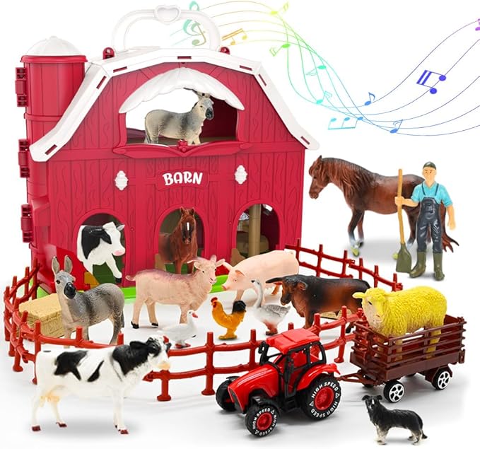Red Barn Toys for Toddlers 1-3, Farm Animal Figures Playset with Tractor for 2 3 4 5 Year Old Kids, Musical Preschool Montessori STEM Learning Toys, Easter Christmas Birthday Gifts for Boys Girls