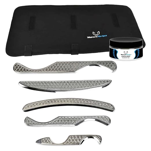 HawkGrips, Silver Massage Therapy Tool Set with Massage Therapy Fragrance-Free Emollient Cream 8oz, Stainless Steel, Includes All Six Small IASTM Tools (HG4-HG9), and Digital User Manual