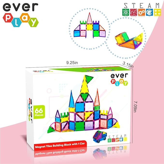 66 pc Magnetic Tiles with Multicolored Car Set, Building Blocks Toys, STEM Educational Learning Magnet Toy Preschool Montessori Boys & Girls Smart Kit Games Gifts for Age 3+ Kids Toddlers