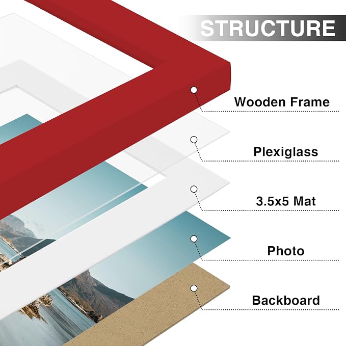 Vittanly 4x6 Picture Frames Set of 9 for Wall or Tabletop Display, Red | Display Pictures 3.5x5 with Mat or 4x6 without Mat, Small Photo Frames, Engineered Wood with Shatter Resistant Plexiglass
