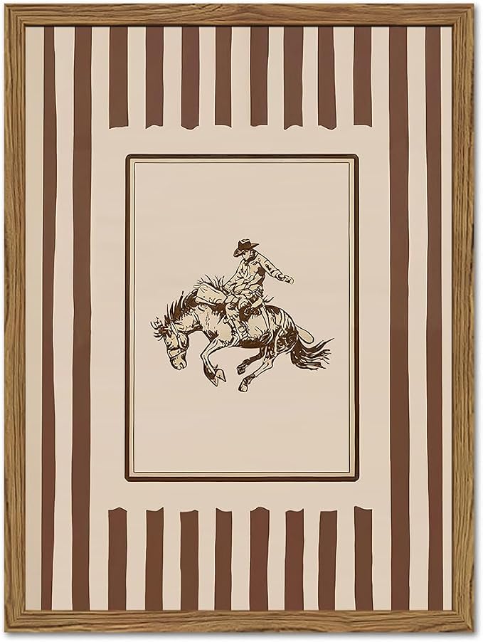 Vintage Western Cowboy Wall Art Retro Striped Cowboy Rodeo Wall Decor Paintings, Southwestern Country Horse Poster Canvas Prints for Bedroom Farmhouse Living Room 12x16 inch Framed