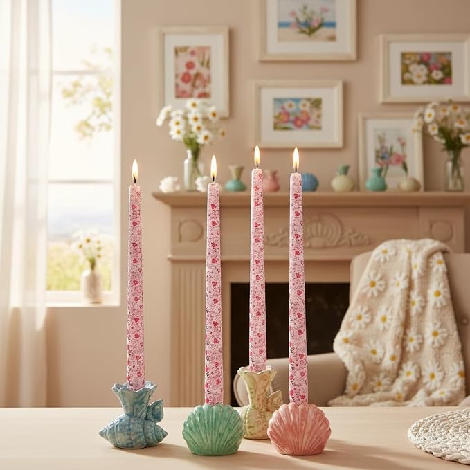 10 Inch Printed Candle Love Pattern Smokeless Unscented Candle Sticks Suitable for Anniversary Express Love Evening Wedding, Bohemian Seaside Theme Home Decor, 4 Pack