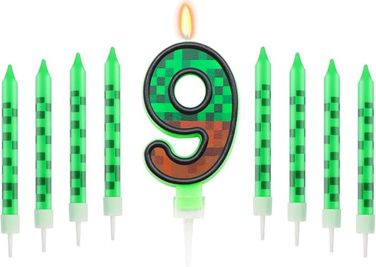 Pixels Themed 9th Birthday Candle, Pixels Cake Topper for Boys Girls, 9 Pcs Candle Set, Game Cartoon Theme Birthday Party Supplies (Number 9)
