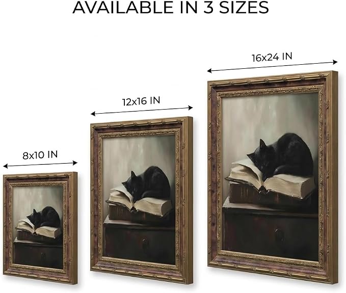 Vintage Moody Gothic Black Cat Wall Art, Dark Academia Cat Canvas Print, | Sleeping Cat on Antique Books Painting Poster, Literary Picture Wall Decor for Living Room Bedroom Office 16x24 In