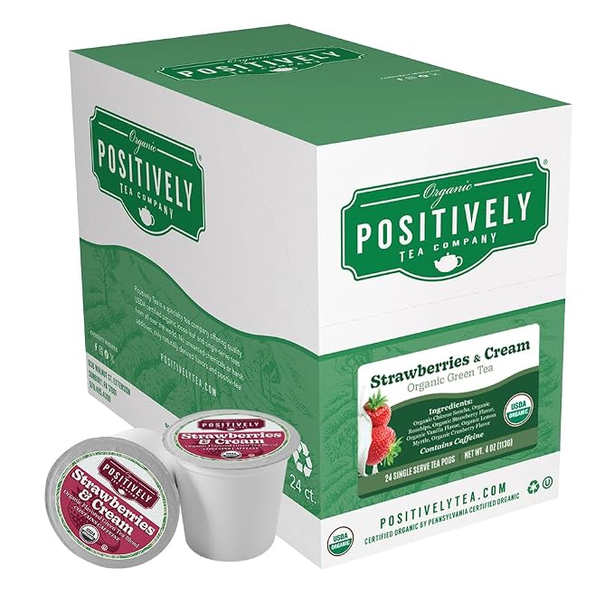 Organic Positively Tea Company, Strawberries and Cream Green Tea, K-Cup Compatible, 24 Pods