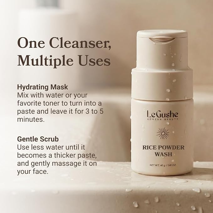 LE GUSHE New 2026 Rice Face Wash Powder Cleanser for Gentle Skin Exfoliation, Korean Skincare Enzyme Powder Face Wash, Foamy Rice Exfoliator for Skin, 40g