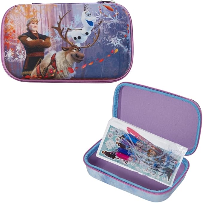 Innovative Designs Frozen Pencil Case Set with Stickers and Gel Pens for Kids, Molded with Zip Closure, Purple