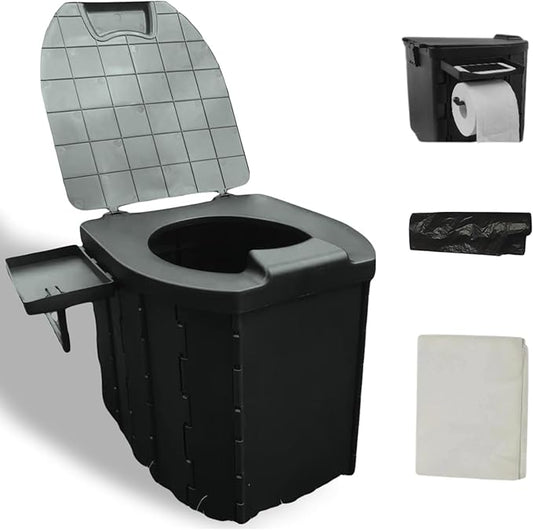 Portable Outdoor Folding Toilet, 400lbs Heavy-Duty Camping Toilet with Phone & Paper Holders, Compact, Easy Clean-up, for Adults/Kids, Car Travel, Beach, Hiking, and More