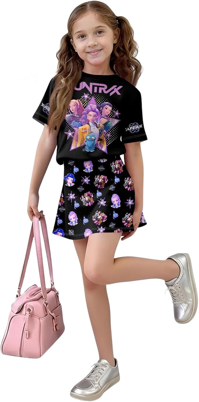 HTHLVMD K Pop Short Sleeve T-Shirt and Skirts Outfits Set for Girls Hunters Rumi Mira Zoey Graphic Tees De-Mon Costume