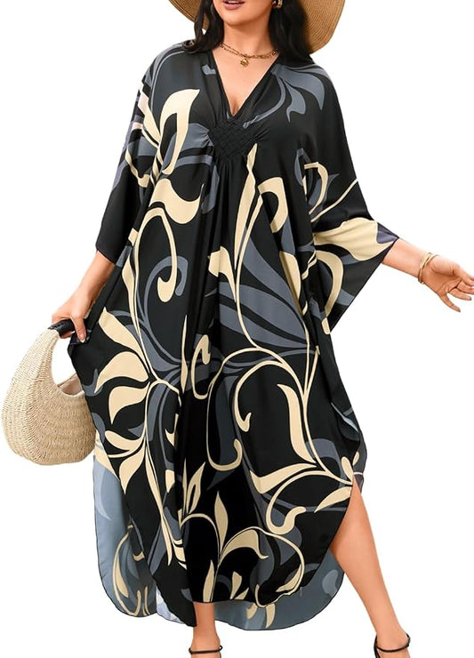 ChiaoLezhee Print Moo-Moos for Women, Kaftan Cover-Up Dresses, Sexy V-Neck High-Slit, Beach Pool-Party Coverups Muumuu Plus
