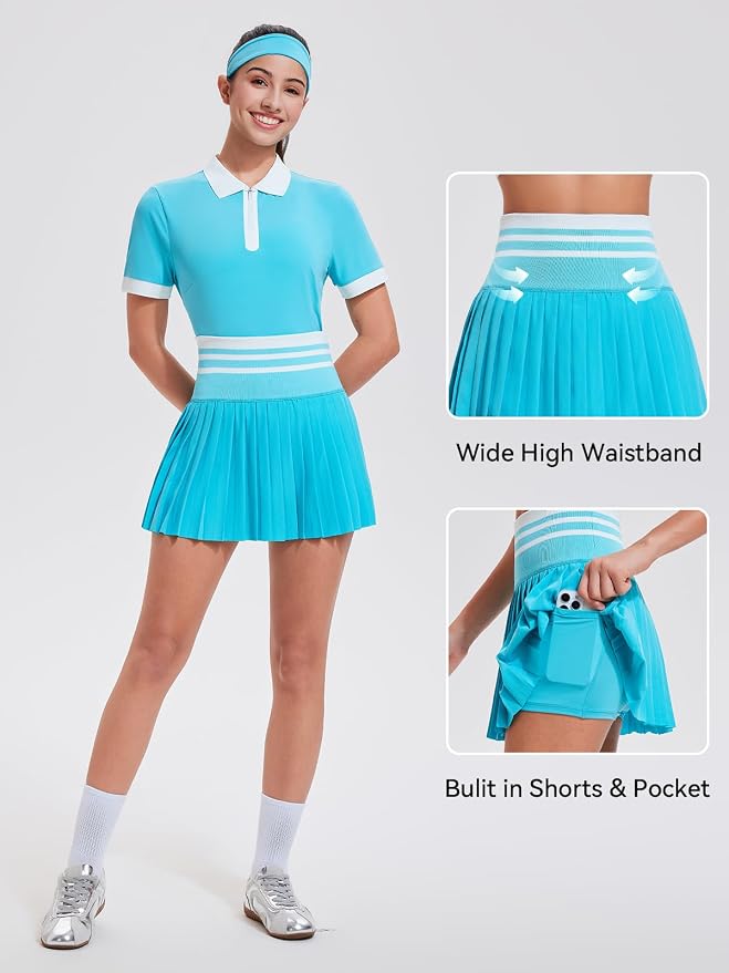 Tennis Skirt Sets for Women Zipper Color Block High Waisted Golf Polo Two Piece Skirt Set Women 2 Piece Outfits