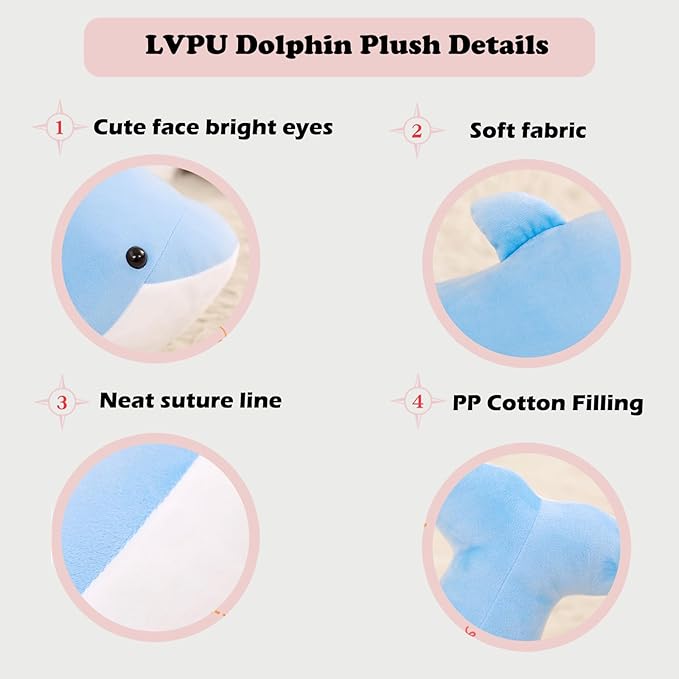 Dolphin Stuffed Animals Plush Pillows Soft Sea Animal Plush Toys Dolls Stuffed Animal Plushies Gifts for Kids (Sky Blue-19.2Inch)