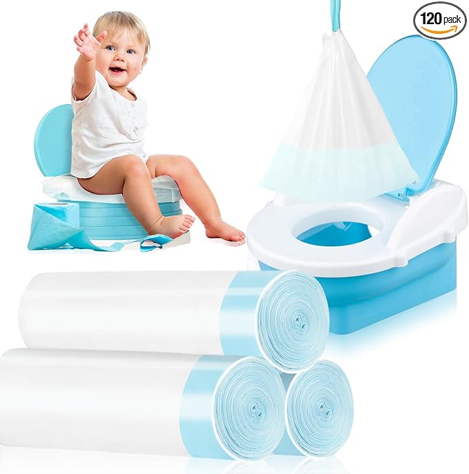 120 Pack Potty Chair Liners with Drawstring,Disposable Training Toilet Seat Potty Bags for Kids Toddlers Outdoors Travel(17.3x9.4 inch)
