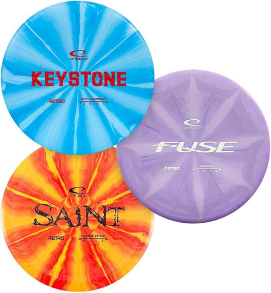 Latitude 64 Retro Burst Disc Golf Starter Set (3-Pack) - Disc Golf Discs Set for New to Intermediate Players | Includes Keystone, Fuse, Saint, Ballista | Grippy Base Plastic | Colors Vary