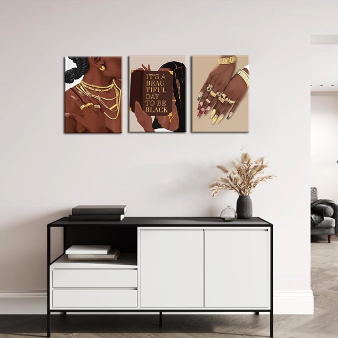 Marllifenney 3 Pcs Black Woman Wall Art Framed Black Girl Posters Abstract African American Canvas Prints Black Women Painting Decor Modern Boho Female Pictures for Bedroom Living Room Office 16x24in