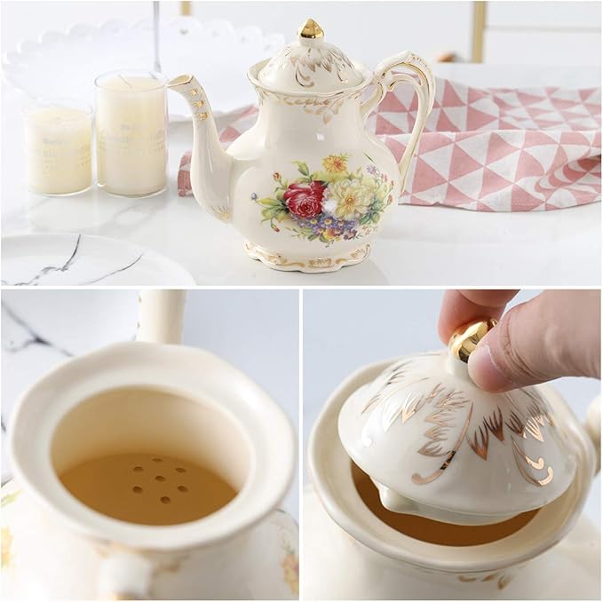 YOLIFE Flowering Shrubs Teapot, 35 OZ /4 Cup Vintage Ivory Porcelain Tea Pot with Infuser for Loose Leaf Tea, Floral Teapot with Gold Trim