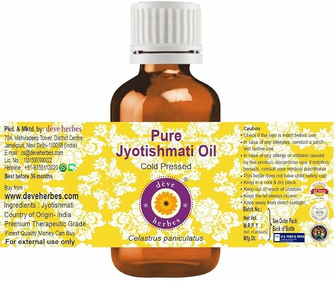 dève herbes Jyotishmati Oil (Celastrus paniculatus) | Cold Pressed | Pure | Natural | Undiluted | For Diluting Essential oils | For Skin & Massage | Non-Sticky| Lightweight| Men & Women | 30ml (1 oz)