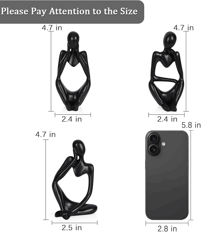Sandstone Resin Thinker Statue Style Abstract Sculpture, Black, 3pcs | Small Statue Collectible Figurines, Modern Aesthetic Ornament for Home Office Bookshelf Desktop Coffee Table Decor