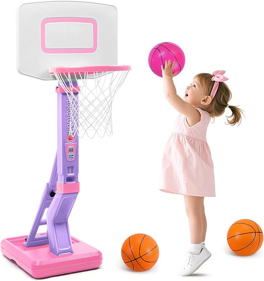 SUPER JOY Toddler Pink Basketball Hoop for Kids 1-3,2-4 5 Years Old, Adjustable Mini Hoop Set for Indoor Outdoor Play, Portable Basketball Goal Sports Toys for Little Boys Girls Birthday Gifts