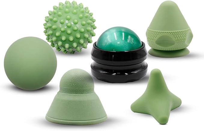 Physical Therapy Pain Relief Massage Ball Set for Trigger Point Release - Myofascial Release Tool & Deep Tissue Massage Set of 6 Pieces - Lacrosse, Spiky, Hand Roller & Mountable Self Massage Ball