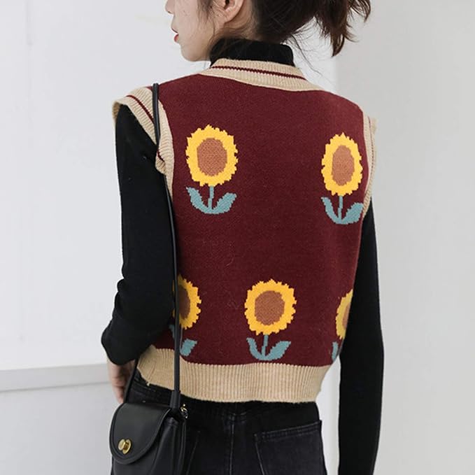 Women's Sweater Vest,Y2K Sleeveless Pattern Preppy Style Knitted Crop Tank Top for Girl