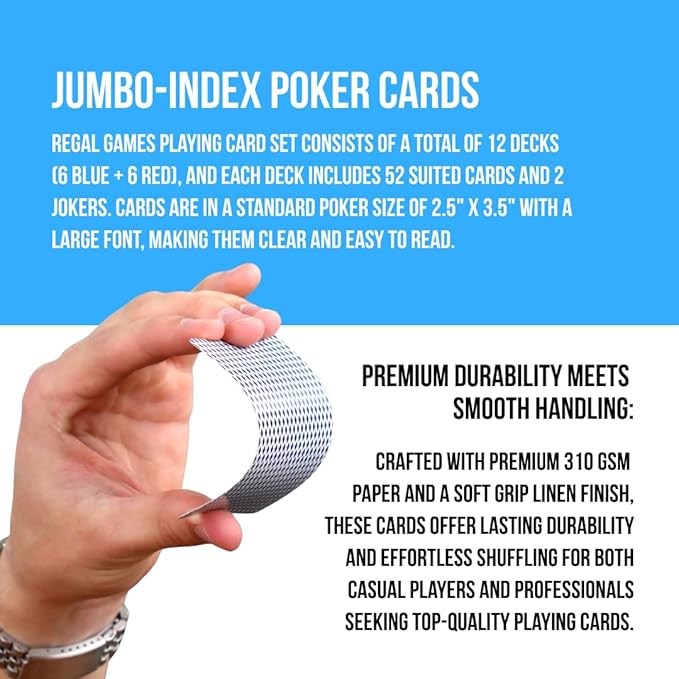 Regal Games Rocket Jumbo Playing Cards 12-Pack - Contains 6 Red & 6 Blue Decks, 310 GSM Paper, 2.5" x 3.5" Plastic Coated Cards with Extra Large Print