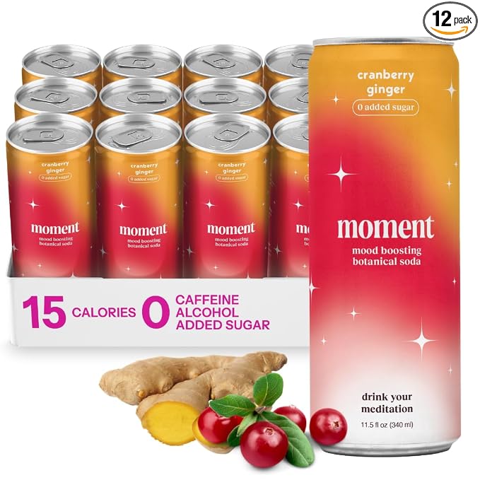 Moment Adaptogen Drink (Shark Tank) - Calm, Clarity & Relaxation with L-Theanine & Ashwagandha - Non Alcoholic Drinks for Adults - Sparkling Botanical Soda - 0 Sugar 0 Caffeine - 12 Pack 11.5 fl oz