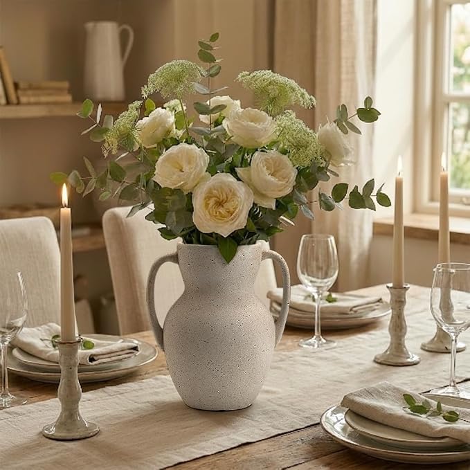 Emotionally Grounded Vase, Vaseking Large Ceramic Rustic Vase with 2 Handles, 8.6 inch Minimalist Decorative Farmhouse Vases for Home Decor, Living Room, Enterway, Table Decoration, Speckled White