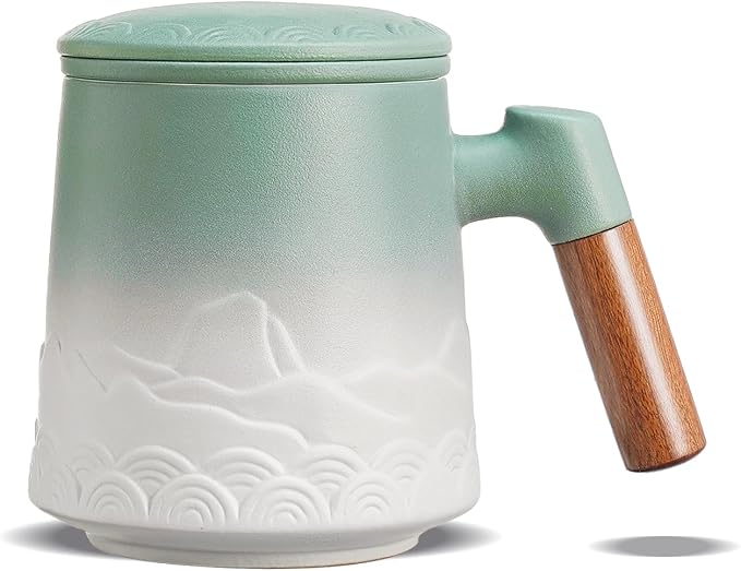 ZENS 16.9 oz Embossed Ceramic Tea Mug with Infuser and Lid, Loose Leaf Steeper, Wood Handle, Matte Glazed, Gift for Tea Lovers