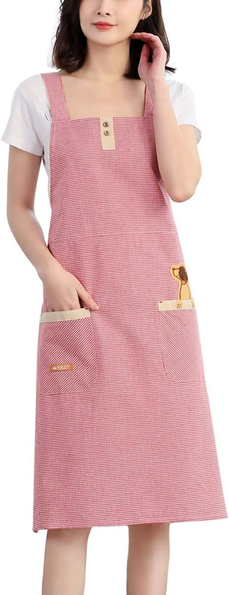 NEWGEM 100% Cotton Cute Gingham Apron with Pockets - Korean Style H-Back Pinafore for Women Baking, Pastry Chef (Pink Doggy)