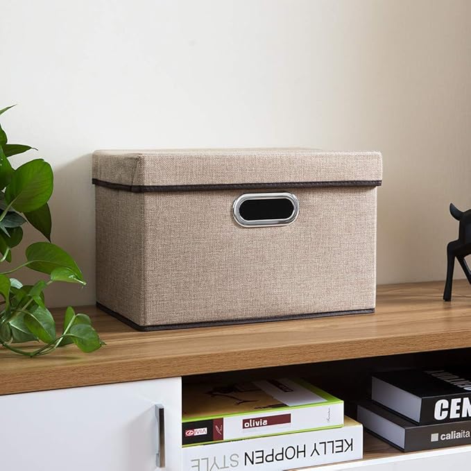 Collapsible Storage Containers with Lids [5-Pack] Jute Fabric Foldable Storage Bins Boxes Organizer Baskets Cube with Cover for Home Bedroom Closet Office Nursery (14.9x9.8x9.8)
