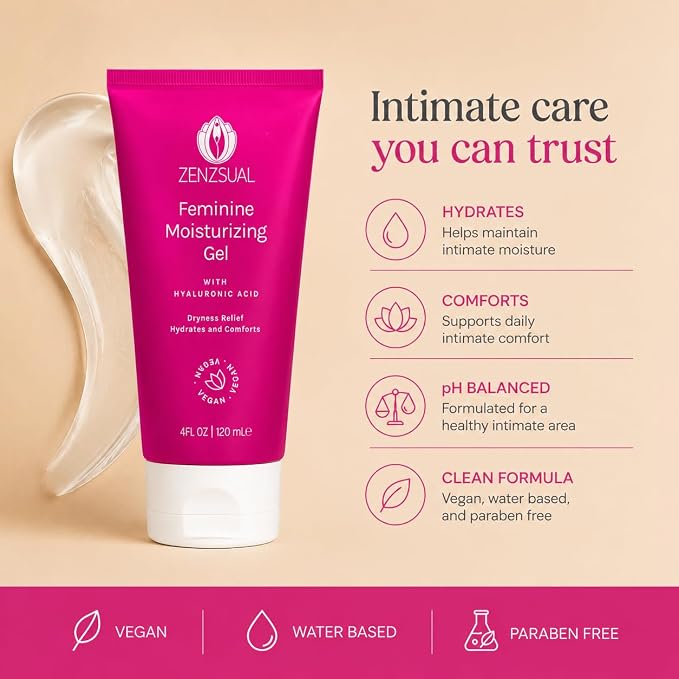 ZENZSUAL Feminine Moisturizing Gel - with Hyaluronic Acid, Water Based Vaginal Moisturizer for Dryness, Irritation, Itchiness, or Discomfort, Fragrance-Free, 100% Vegan, No Parabens, 4oz (120ml)