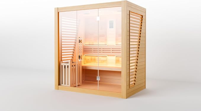 Smartmak Wood Home Steam Sauna, WiFi Control 4 Person Canadian Hemlock Traditional Luxurious Wooden Indoor Spa Room, with 4.5 kw Heater, Speaker, Rocks, Water Bucket, Spoon, Sky Lights
