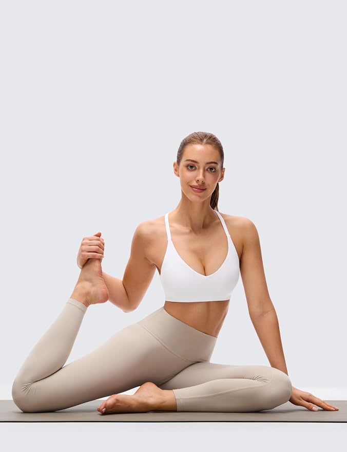 CRZ YOGA Butterluxe Low Coverage V Neck Sports Bras for Women - Spaghetti Straps Racerback Padded Yoga Top