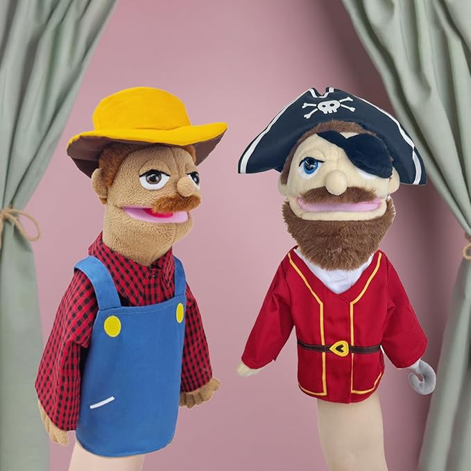 Professional Hand Puppets,2pcs Pirate Puppet and Farmer Hand Puppet for Kids Role Play,Teaching Puppet Stuffed Toys Character Puppets with Movable Mouth（02-Pirate&Farmer）
