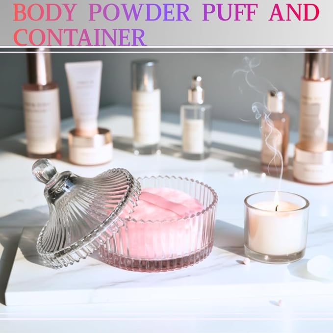 2 Pcs Large Body Powder Puff and Container Powder Container with Puff Powder Puff Crystal Container Soft Washable Reusable Velour Face Body Glitter Powder Puff Wet Dry Makeup (Pink 1)