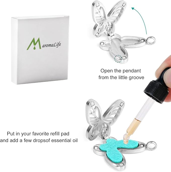 Maromalife Essential Oil Diffuser Necklace Butterfly Zircon Stainless Steel Aromatherapy Pendant Locket with Adjustable Chain and 10 PCS Felt Pads Mothers Day Christmas Birthday Gift for Women