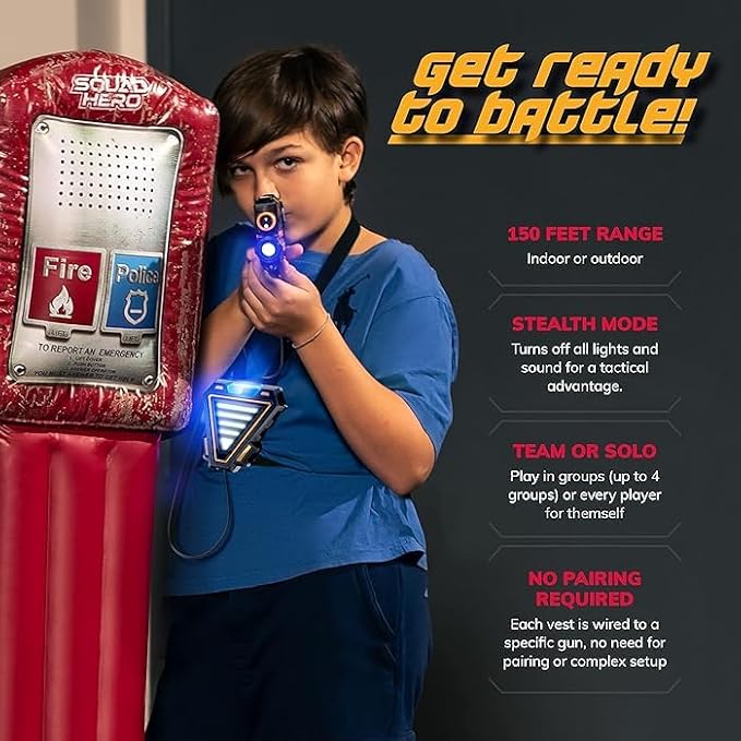 Squad Hero Rechargeable Laser Tag for Kids, Teens & Adults - Boys Gifts - Blasters & Vest Sensors - Fun Ideas Age 8+ Year Old Toys - 4 Set - Lazer Teen Boy Game Boys & Girls Outdoor Teenage Activities