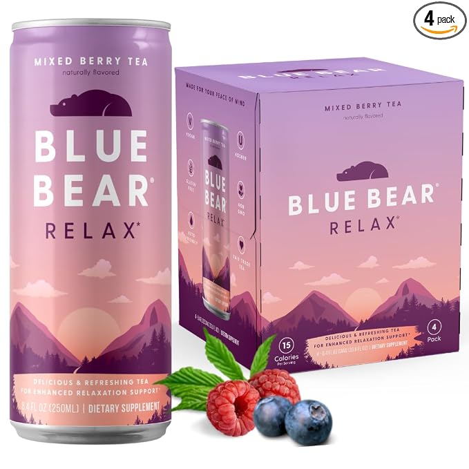 Blue Bear Relax Adaptogen Drink, Ready-to-Drink Mixed Berry Tea, Calming & Relaxation Beverage for Stress Relief, Nootropics & Botanicals, Caffeine-Free, Zero Sugar, 8.4 Fl Oz (4 Pack)