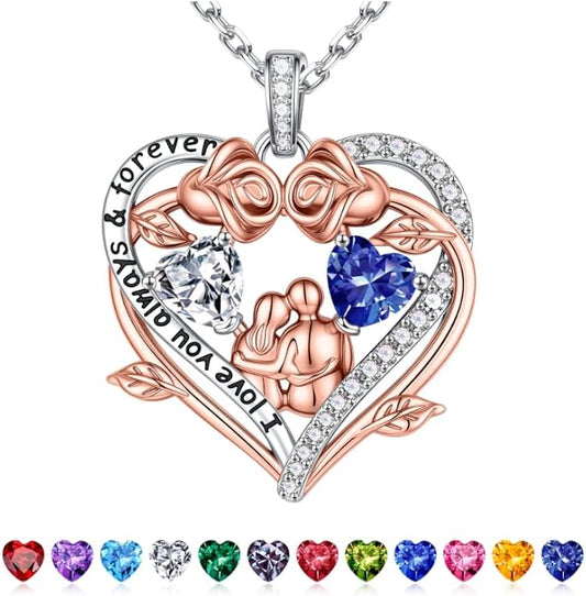 Iefil Valentines Gifts for Her Wife - 925 Sterling Silver Double Heart Birthstone Necklace, Anniversary Birthday Gifts for Women Wife Girlfriend