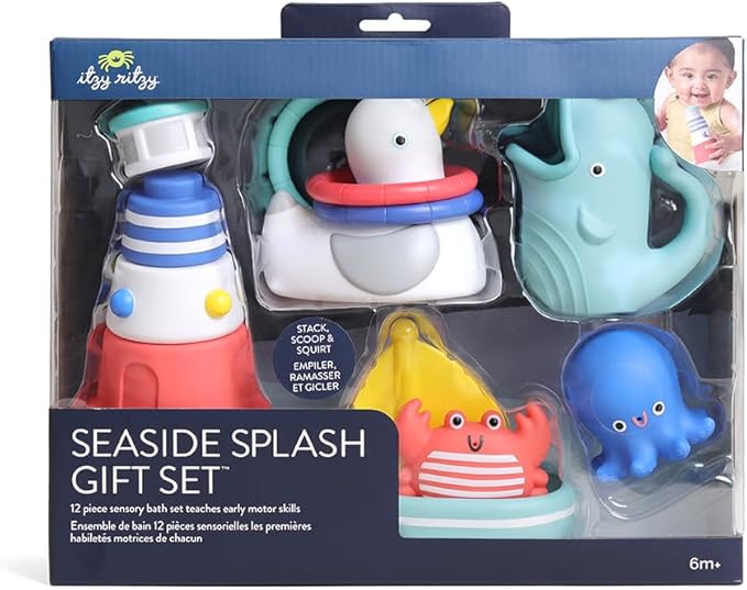 Itzy Ritzy Bathtime Gift Set – 12-Piece Baby Bath Toys for Infants & Toddlers – Stacking Lighthouse, Ring Toss, Scoop, Squirters & Sailboat – Develops Motor Skills & Teaches Cause & Effect (Nautical)