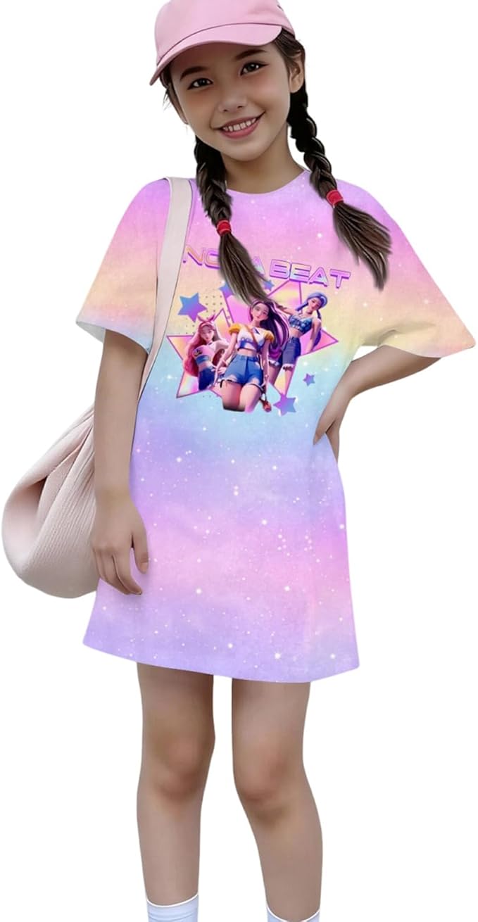 Girl's Anime K-POP Graphic Long Dress T-Shirt - Casual Loose Fit Short Sleeve Top