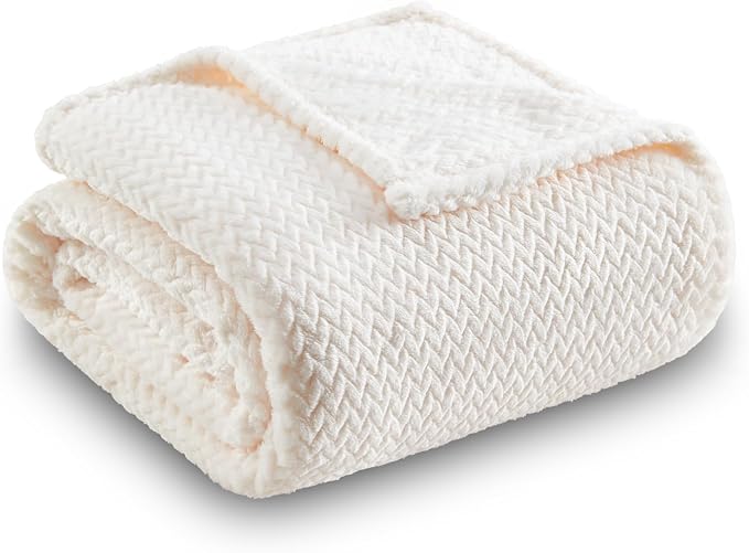 NEWCOSPLAY Fleece Leaves Pattern Throw Blanket, Ivory, 50"x60" | Super Soft Throw Blanket, Lightweight Cozy Bed Sofa Blanket, Premium Silky Flannel Fleece, Travel Blanket for All Season Use