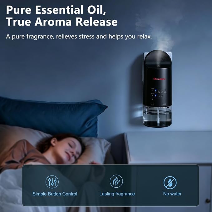 2026 Plug-in Essential Oil Diffuser – Waterless Scent Diffuser, Smart Wall Diffuser for Home, Office, & Spa, Covers Up to 500 Sq. Ft., 160ML Capacity, Portable Aromatherapy Aroma Diffuser, Black